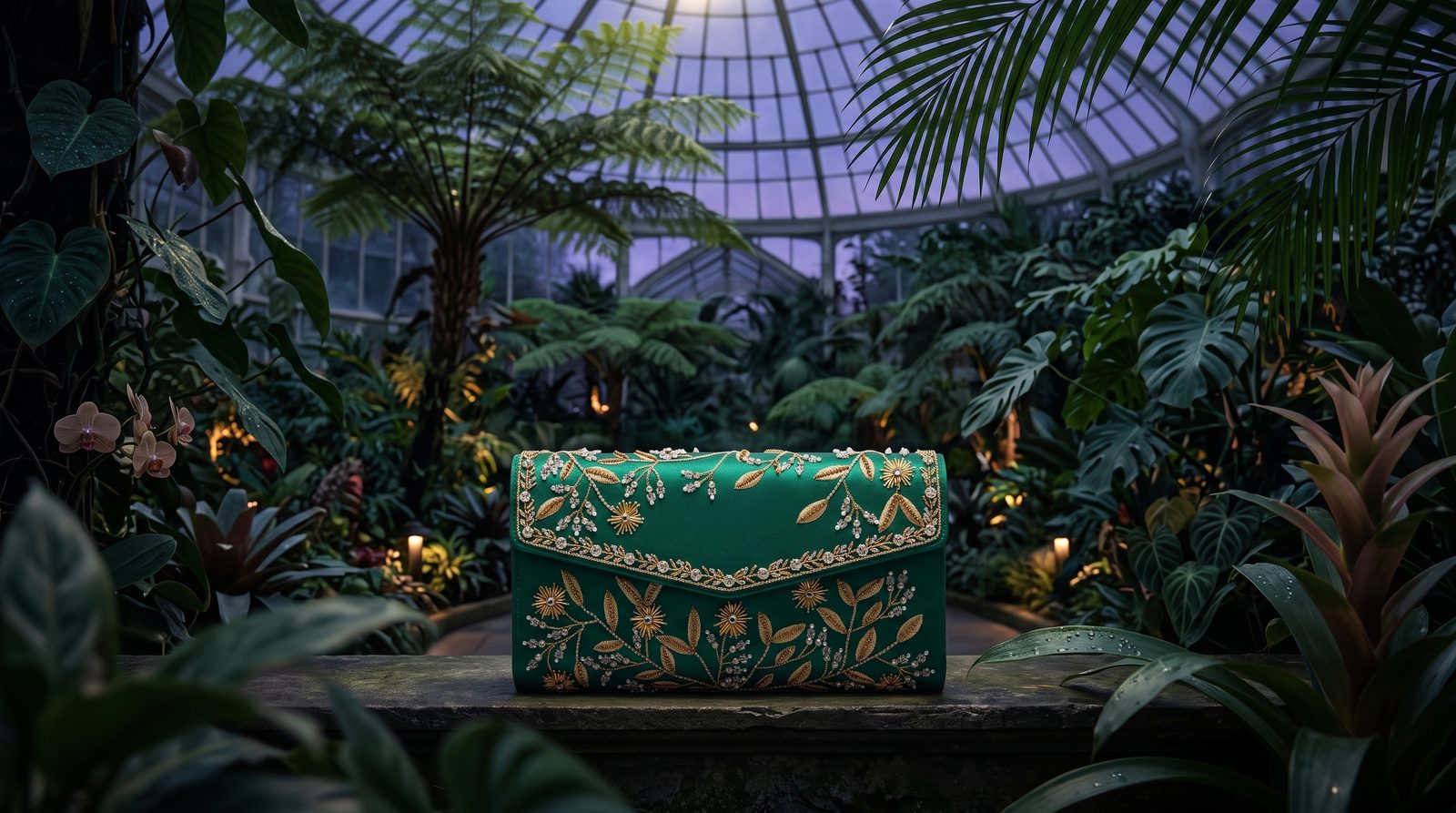 Emerald garden embroidery clutch conservatory view