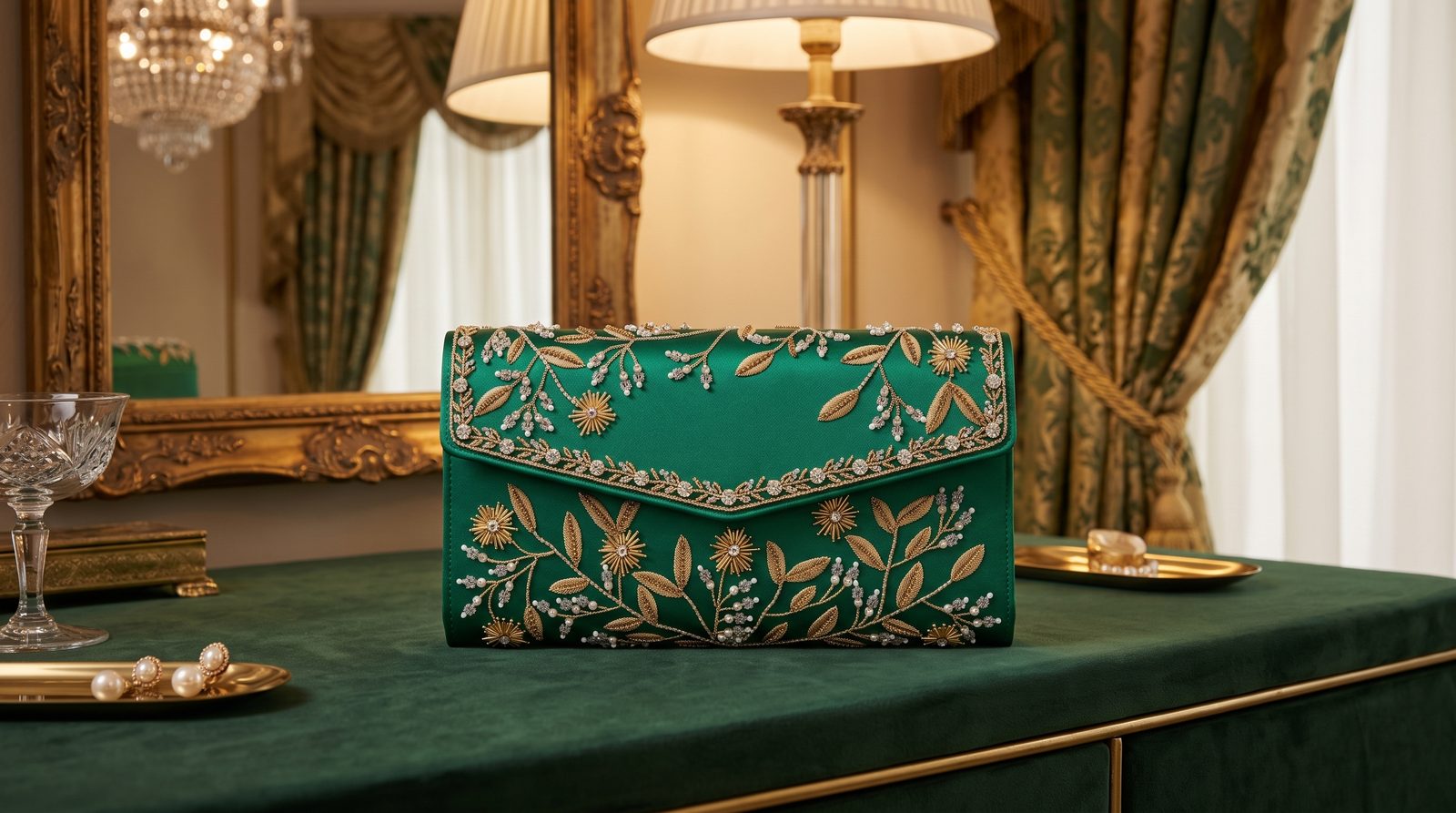 Emerald garden embroidery clutch studio view