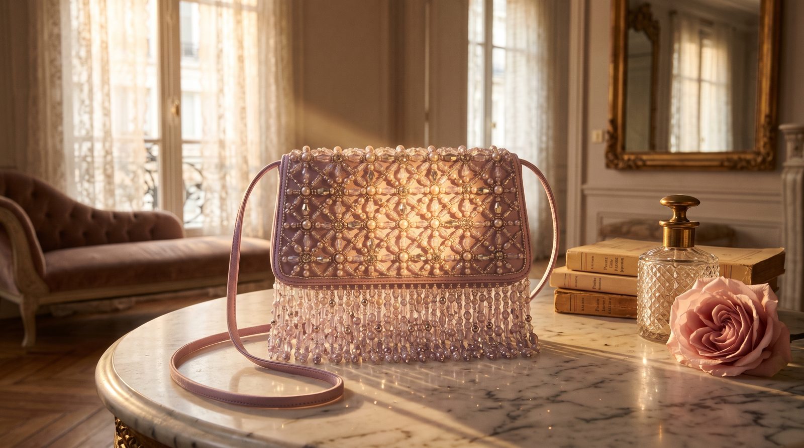 Lavender pearl fringe shoulder bag worn view