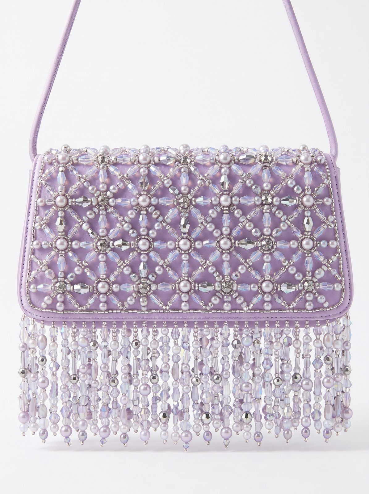 Lavender pearl fringe shoulder bag studio view