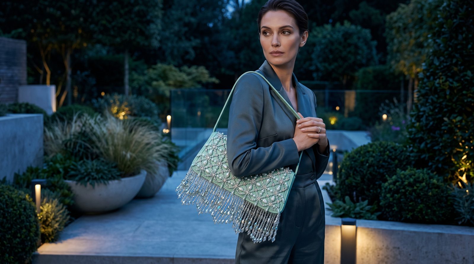 Mint crystal fringe shoulder bag worn view