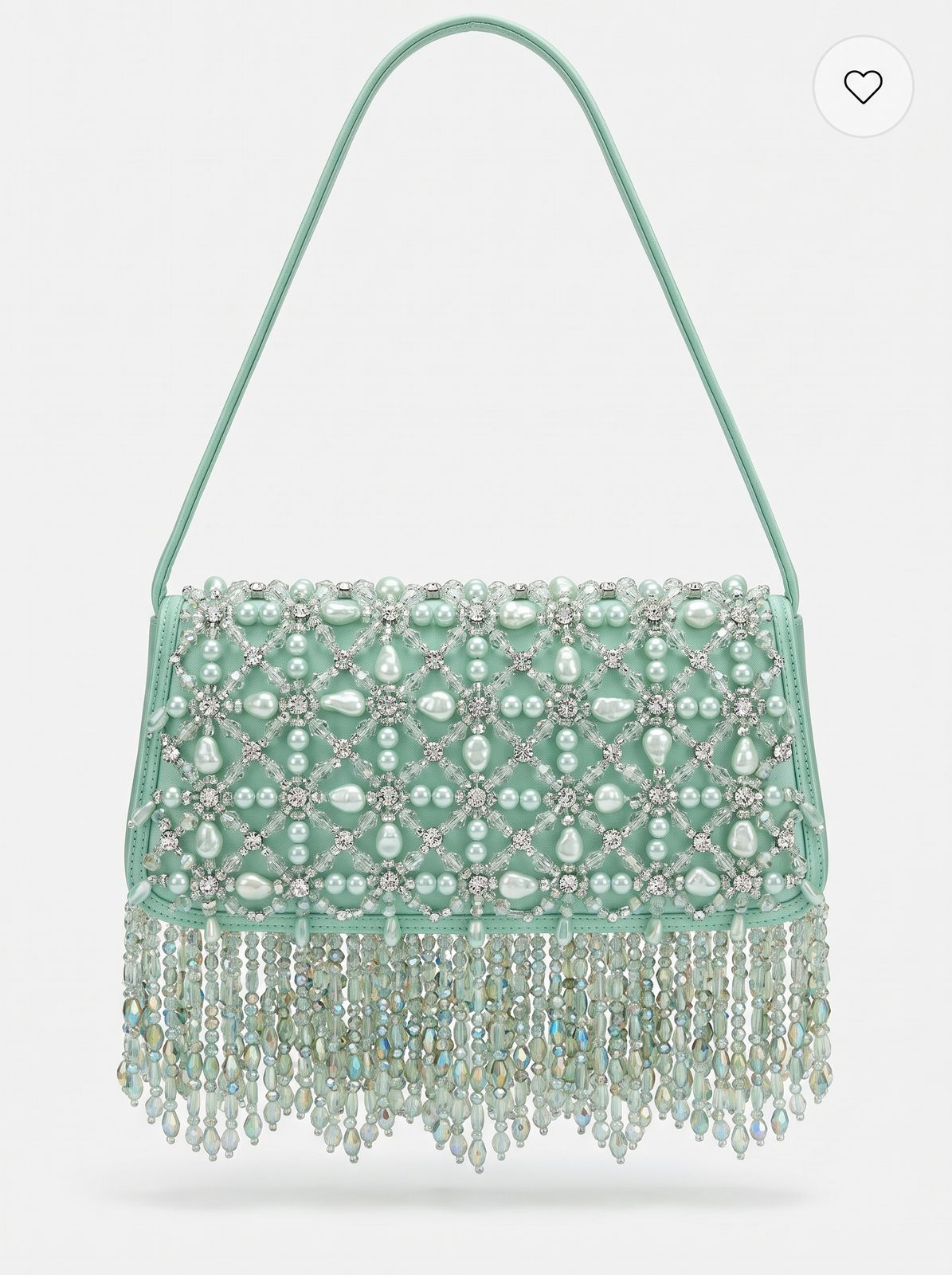 Mint crystal fringe shoulder bag studio view