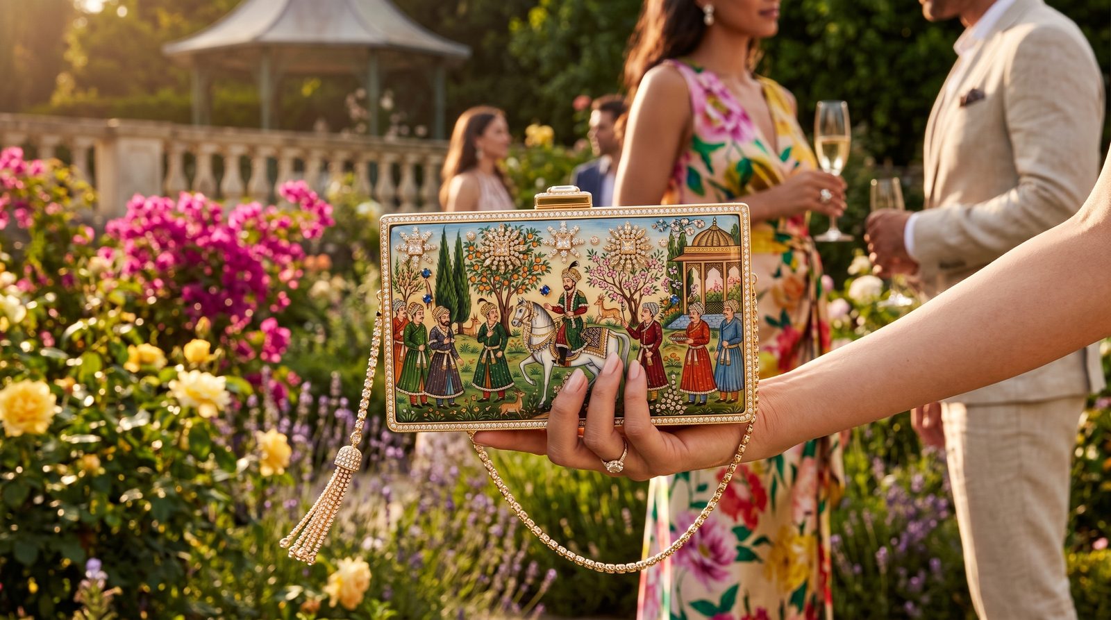 Mughal court crystal minaudiere garden view