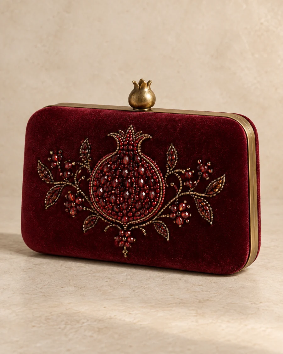 Pomegranate Noor Clutch, hand-beaded in deep red velvet