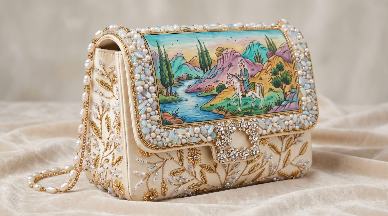Rajput rider pearl flap bag worn view