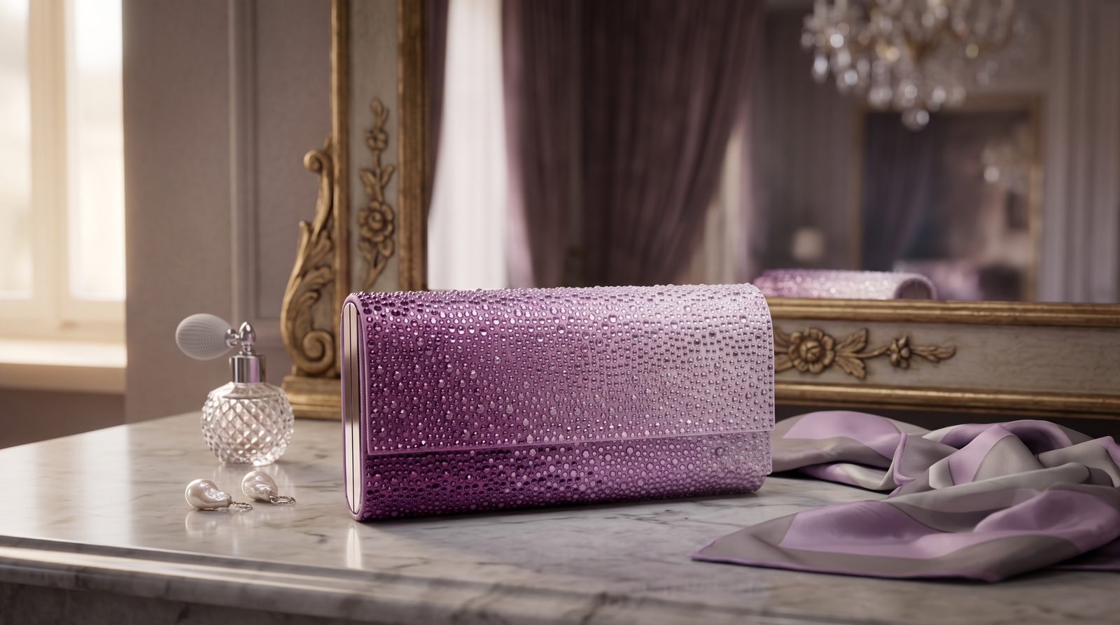 Violet ombre crystal clutch vanity marble view